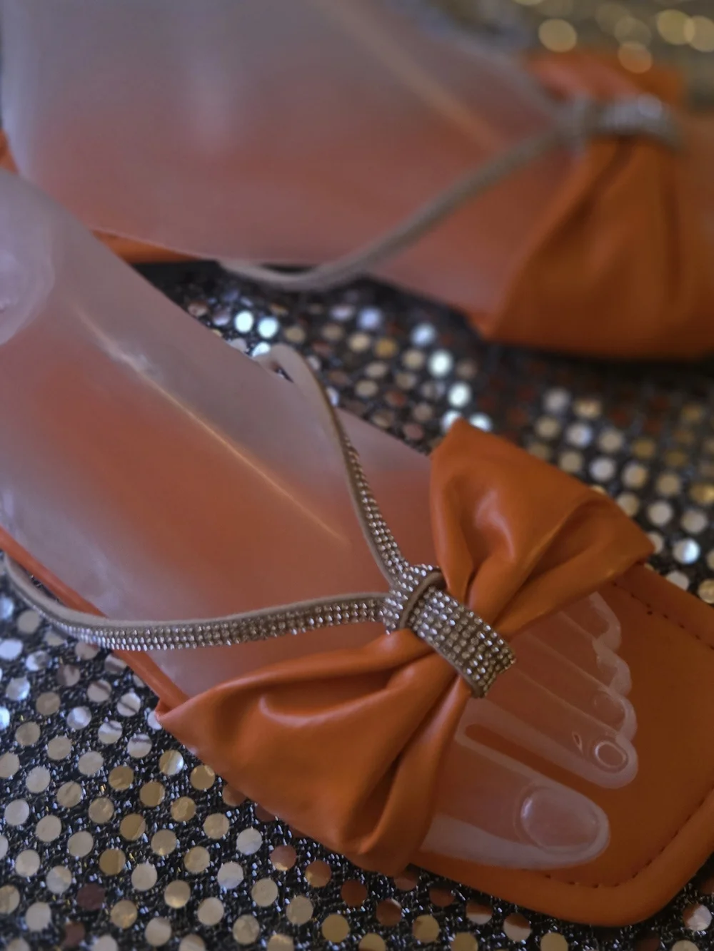 Knotted Satin Toe-Loop Sandals with Crystal Trim — Orange